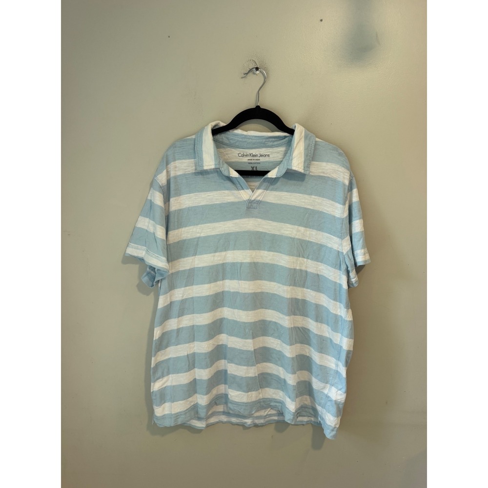 Calvin Klein Jeans Mens XL Blue White Striped Cotton Slub Short Sleeve Polo
